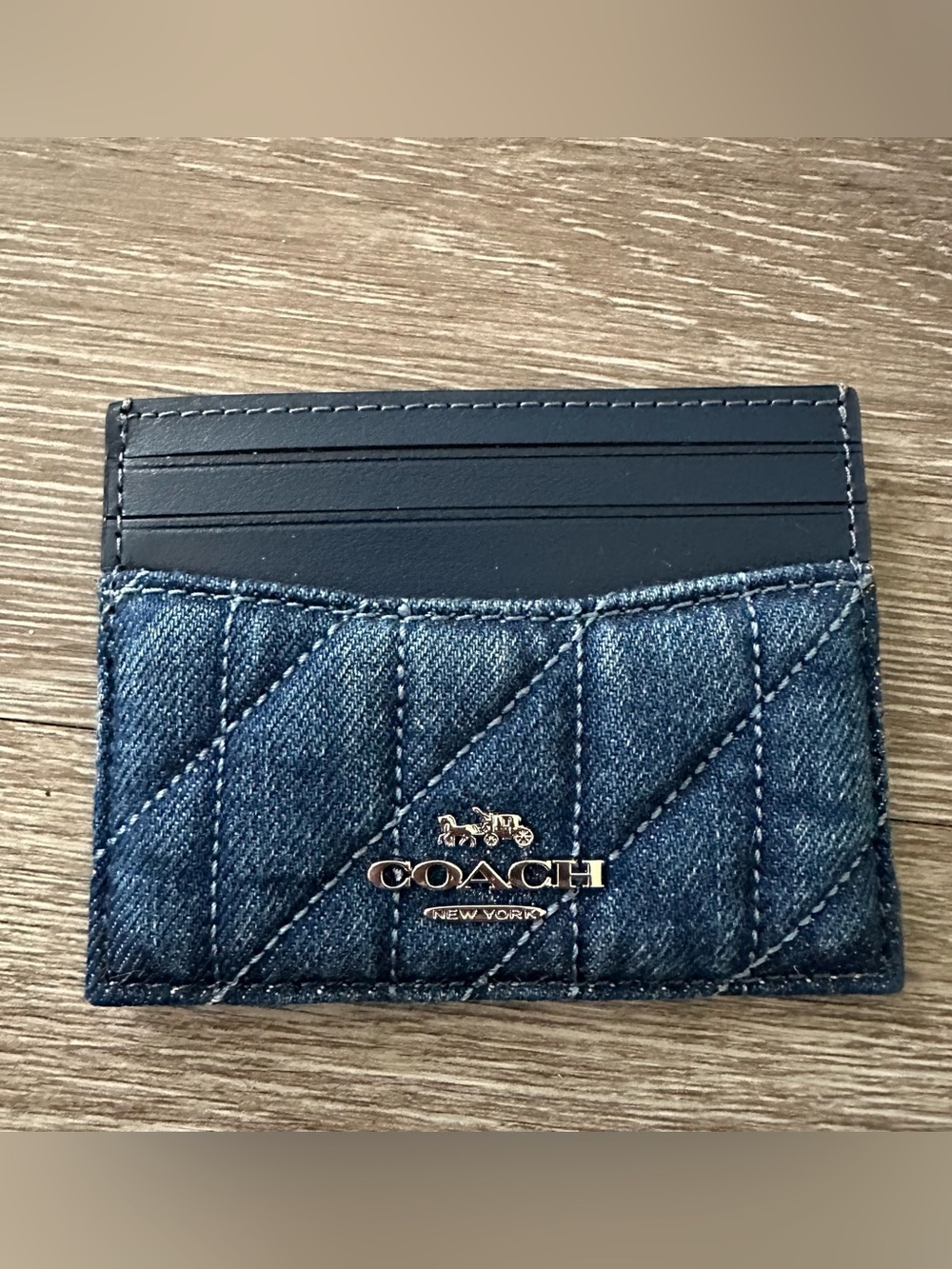 COACH Blue Quilted Denim and Leather Card Holder with Logo